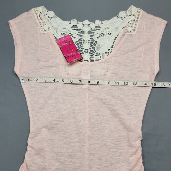 Candies Pink Preppy Bodycon Shirt Lace Gathers Cap Sleeves NEW $34 Womens Size S - Picture 4 of 7